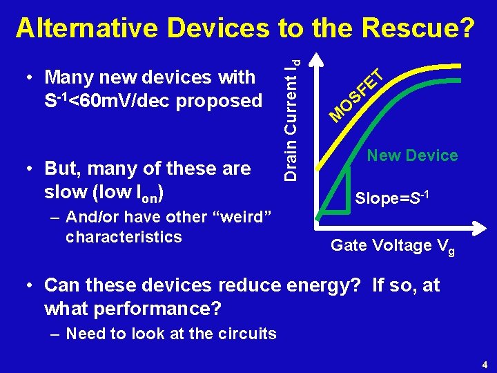  • Many new devices with S-1<60 m. V/dec proposed • But, many of