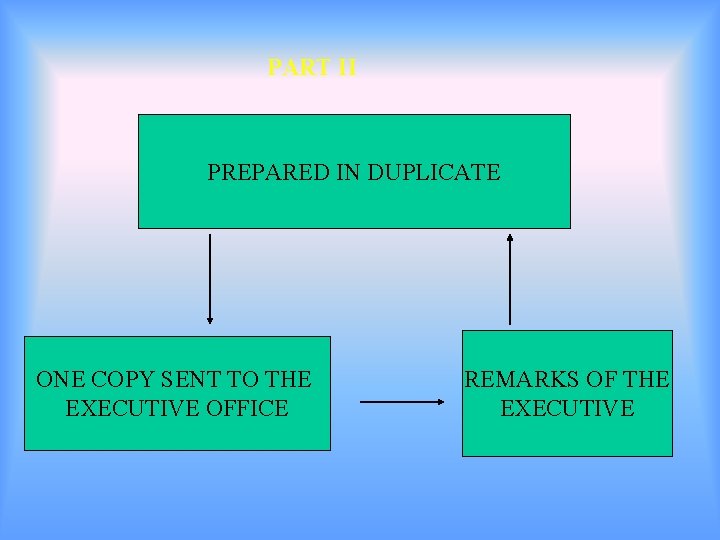 PART II PREPARED IN DUPLICATE ONE COPY SENT TO THE EXECUTIVE OFFICE REMARKS OF