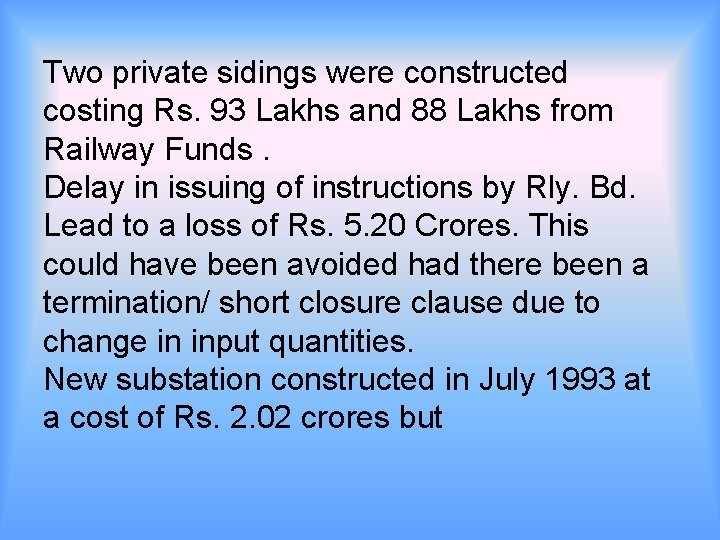 Two private sidings were constructed costing Rs. 93 Lakhs and 88 Lakhs from Railway