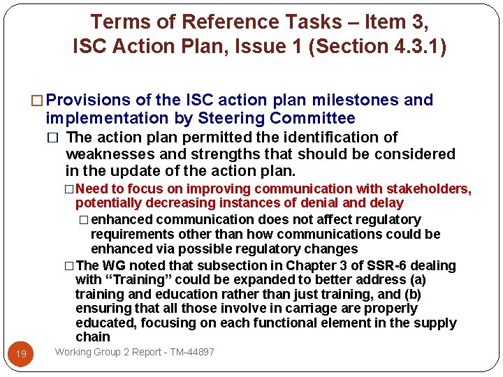 Terms of Reference Tasks – Item 3, ISC Action Plan, Issue 1 (Section 4.