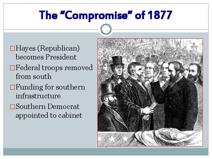 The “Compromise” of 1877 �Hayes (Republican) becomes President �Federal troops removed from south �Funding