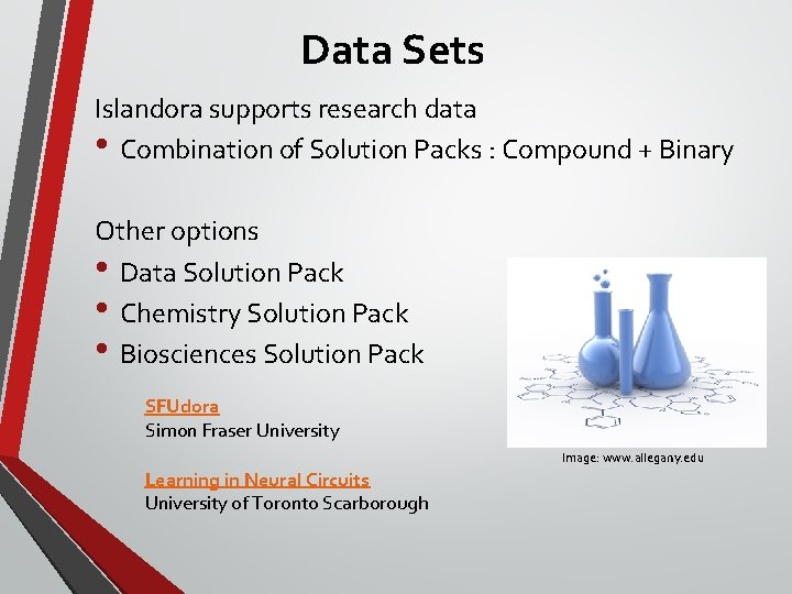 Data Sets Islandora supports research data • Combination of Solution Packs : Compound +