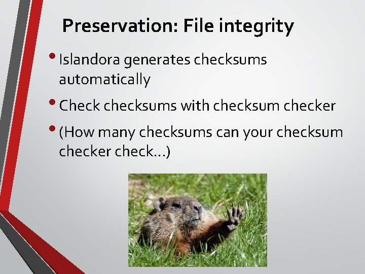 Preservation: File integrity • Islandora generates checksums automatically • Check checksums with checksum checker