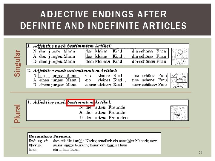 Plural Singular ADJECTIVE ENDINGS AFTER DEFINITE AND INDEFINITE ARTICLES 20 Plural Singular ADJECTIVE ENDINGS AFTER DEFINITE AND INDEFINITE ARTICLES 20