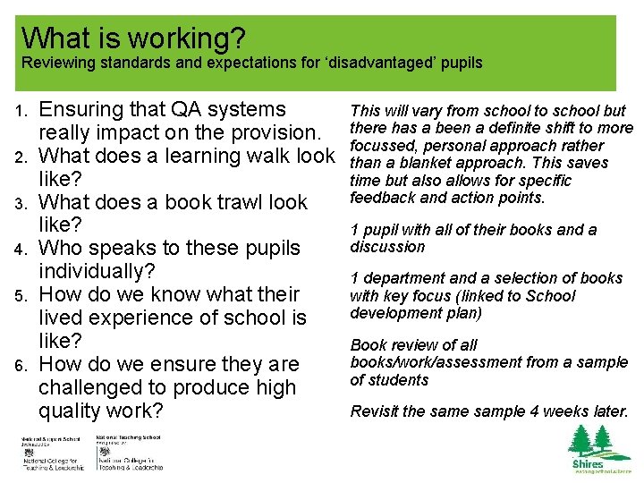 What is working? Reviewing standards and expectations for ‘disadvantaged’ pupils 1. 2. 3. 4.