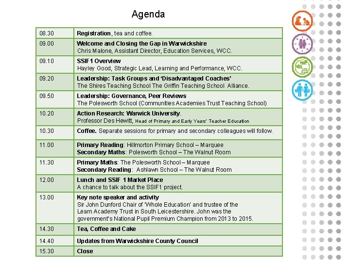 Agenda 08. 30 Registration, tea and coffee. 09. 00 Welcome and Closing the Gap