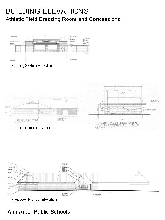 BUILDING ELEVATIONS Athletic Field Dressing Room and Concessions Existing Skyline Elevation Existing Huron Elevations BUILDING ELEVATIONS Athletic Field Dressing Room and Concessions Existing Skyline Elevation Existing Huron Elevations