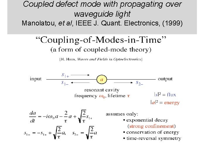 Coupled defect mode with propagating over waveguide light Manolatou, et al, IEEE J. Quant.