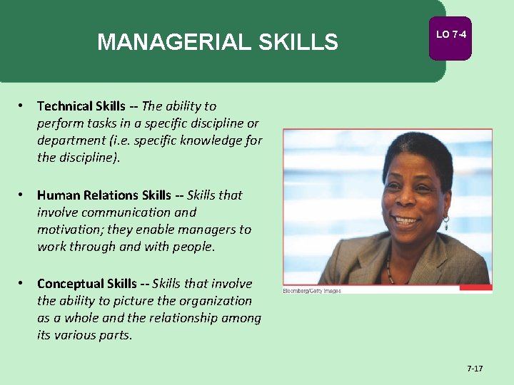 MANAGERIAL SKILLS LO 7 -4 • Technical Skills -- The ability to perform tasks