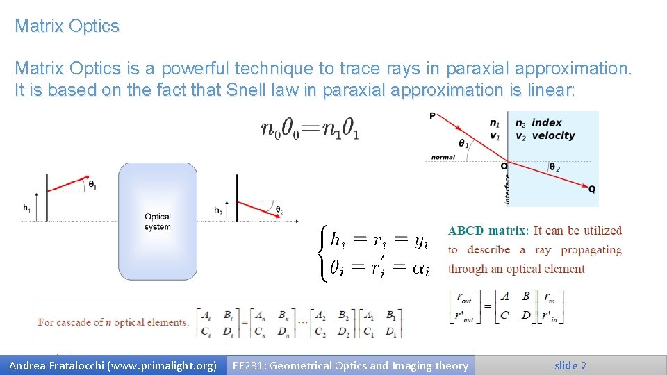 Matrix Optics is a powerful technique to trace rays in paraxial approximation. It is