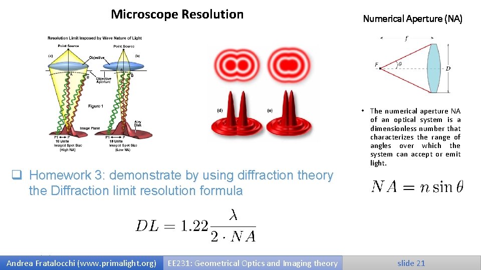 Microscope Resolution Numerical Aperture (NA) • The numerical aperture NA of an optical system