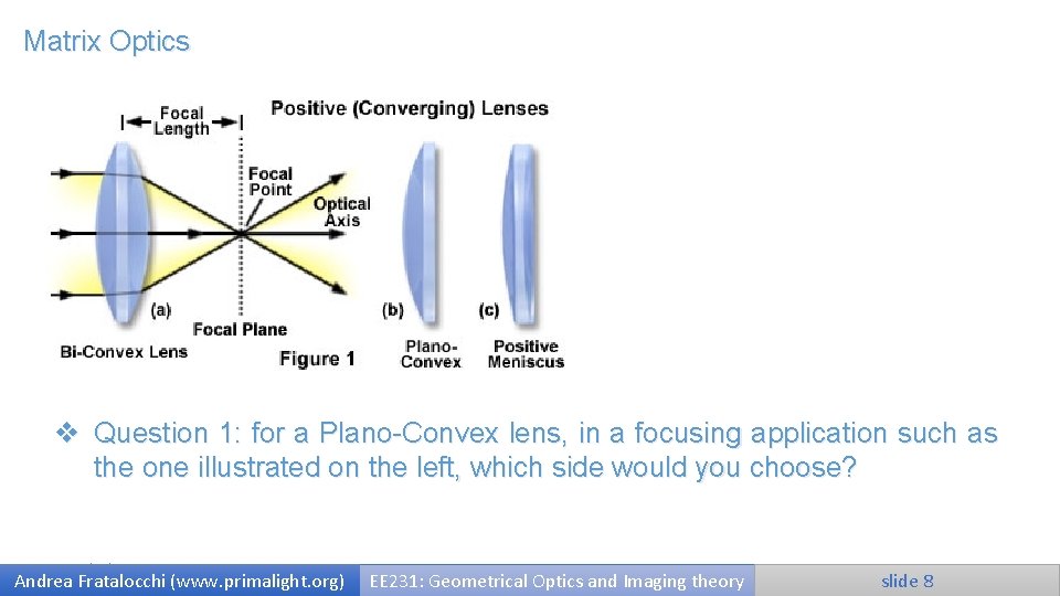 Matrix Optics v Question 1: for a Plano-Convex lens, in a focusing application such