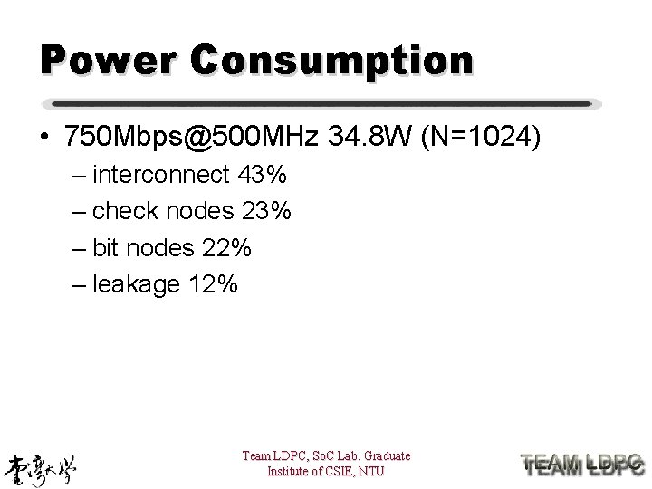 Power Consumption • 750 Mbps@500 MHz 34. 8 W (N=1024) – interconnect 43% –