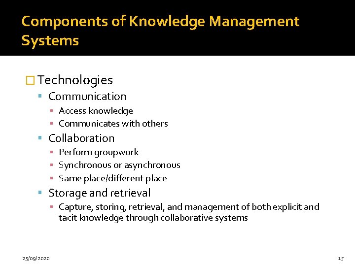 Components of Knowledge Management Systems � Technologies Communication ▪ Access knowledge ▪ Communicates with