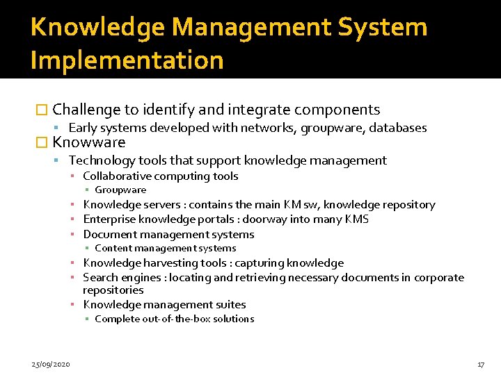 Knowledge Management System Implementation � Challenge to identify and integrate components Early systems developed