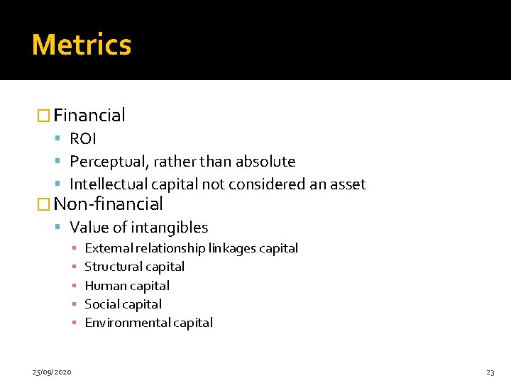 Metrics � Financial ROI Perceptual, rather than absolute Intellectual capital not considered an asset