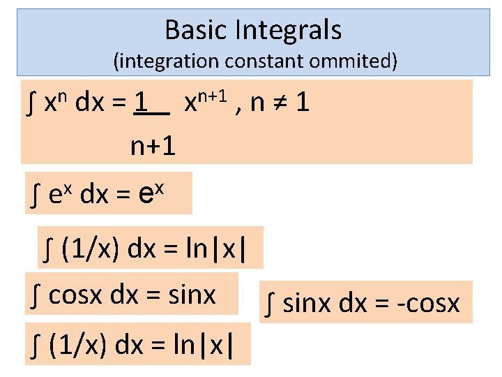 Basic Integrals (integration constant ommited) ∫ xn dx = 1 xn+1 , n ≠