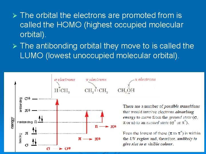 The orbital the electrons are promoted from is called the HOMO (highest occupied molecular