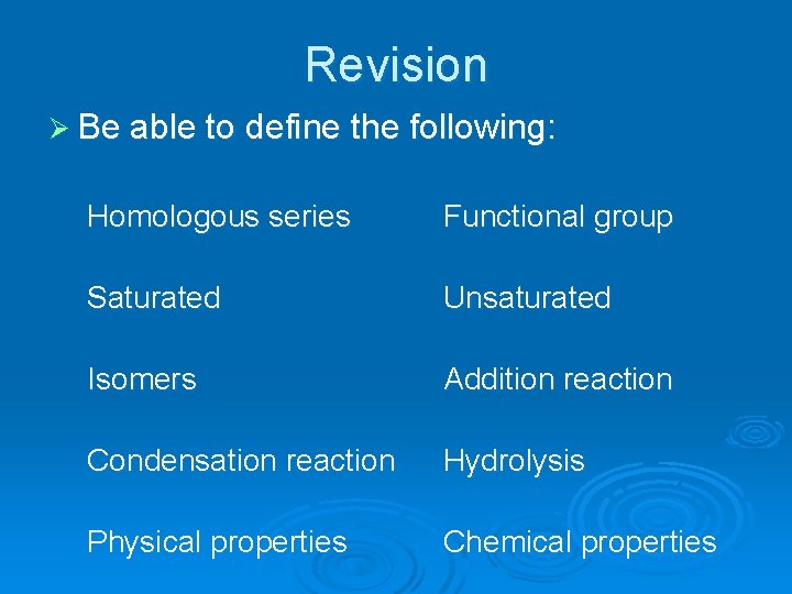 Revision Ø Be able to define the following: Homologous series Functional group Saturated Unsaturated