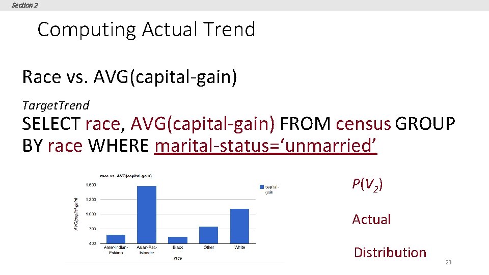Section 2 Computing Actual Trend Race vs. AVG(capital-gain) Target. Trend SELECT race, AVG(capital-gain) FROM