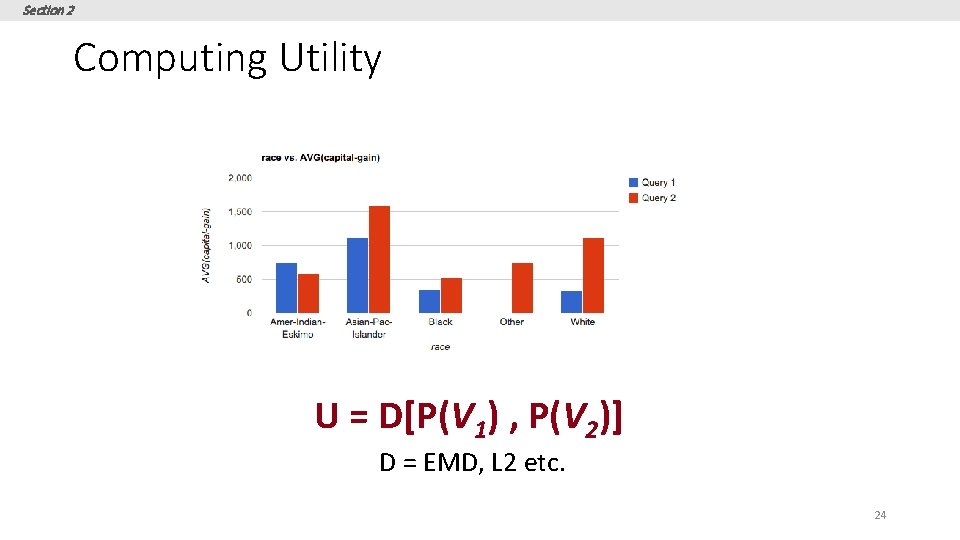 Section 2 Computing Utility U = D[P(V 1) , P(V 2)] D = EMD,