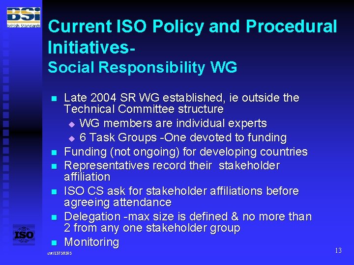 Current ISO Policy and Procedural Initiatives. Social Responsibility WG n n n Late 2004