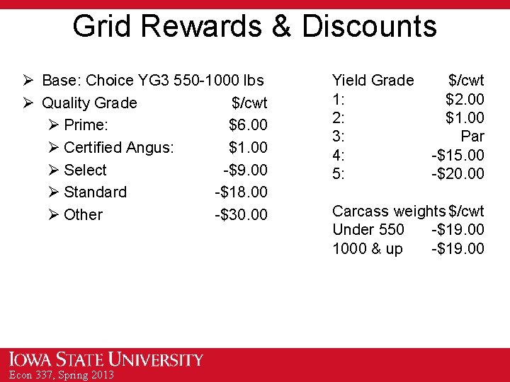 Grid Rewards & Discounts Ø Base: Choice YG 3 550 -1000 lbs Ø Quality