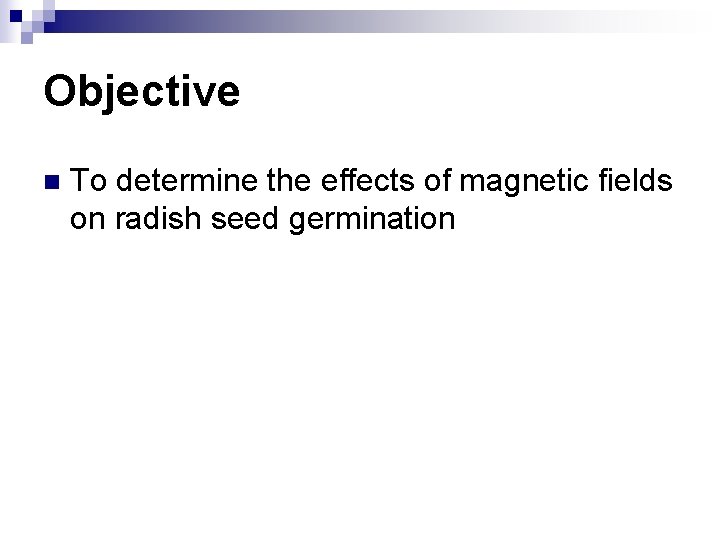 Objective n To determine the effects of magnetic fields on radish seed germination 