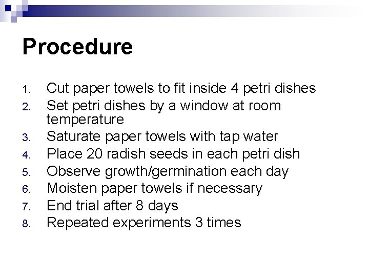 Procedure 1. 2. 3. 4. 5. 6. 7. 8. Cut paper towels to fit