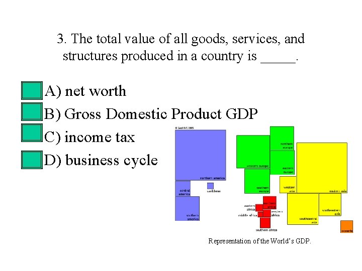 3. The total value of all goods, services, and structures produced in a country