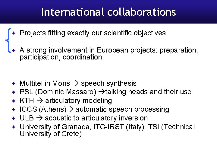 International collaborations Projects fitting exactly our scientific objectives. A strong involvement in European projects: