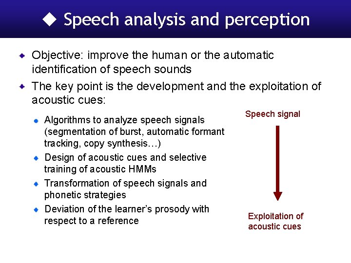  Speech analysis and perception Objective: improve the human or the automatic identification of