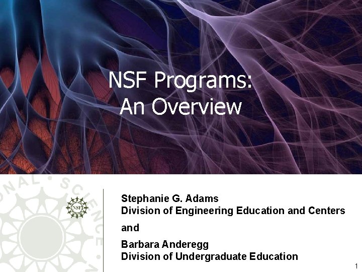 NSF Programs: An Overview Stephanie G. Adams Division of Engineering Education and Centers and
