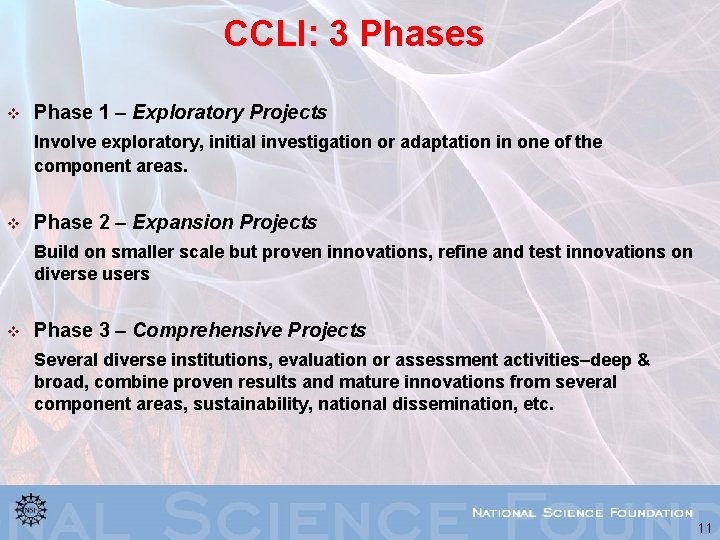 CCLI: 3 Phases v Phase 1 – Exploratory Projects Involve exploratory, initial investigation or