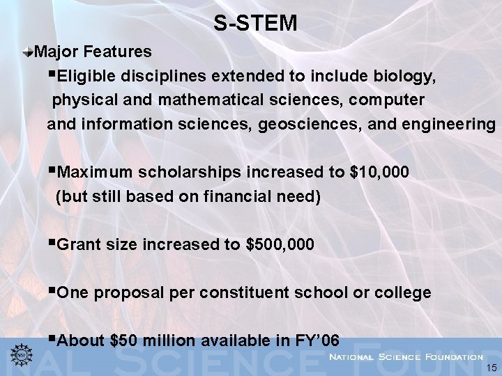 S-STEM Major Features §Eligible disciplines extended to include biology, physical and mathematical sciences, computer