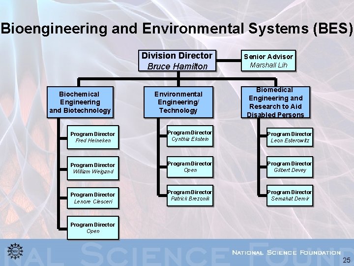 Bioengineering and Environmental Systems (BES) Division Director Bruce Hamilton Biochemical Engineering and Biotechnology Environmental