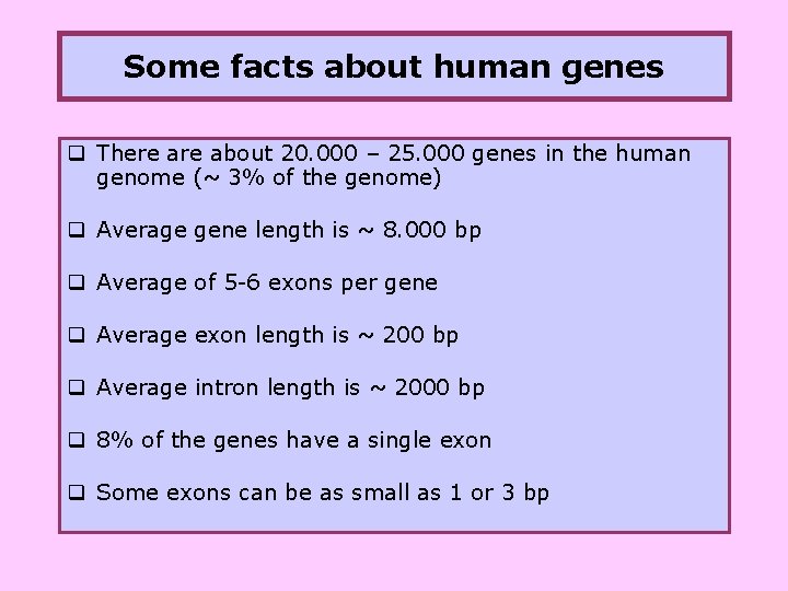 Some facts about human genes q There about 20. 000 – 25. 000 genes