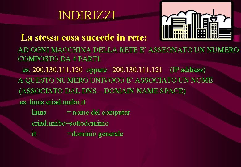 INDIRIZZI La stessa cosa succede in rete: AD OGNI MACCHINA DELLA RETE E’ ASSEGNATO