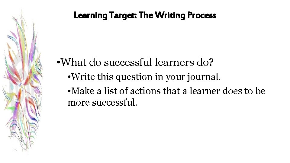 Learning Target: The Writing Process • What do successful learners do? • Write this
