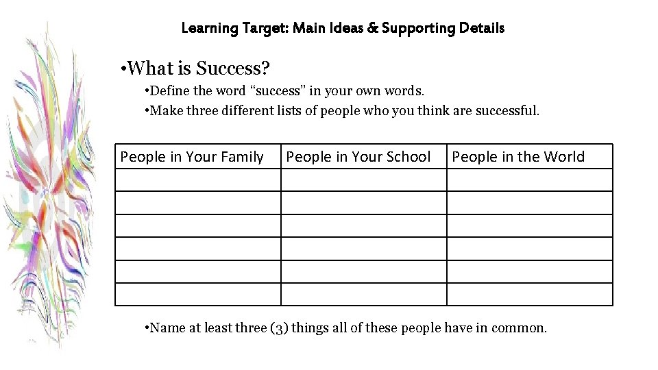 Learning Target: Main Ideas & Supporting Details • What is Success? • Define the