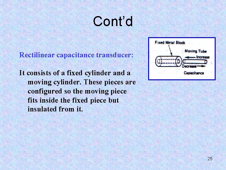 Cont’d Rectilinear capacitance transducer: It consists of a fixed cylinder and a moving cylinder.
