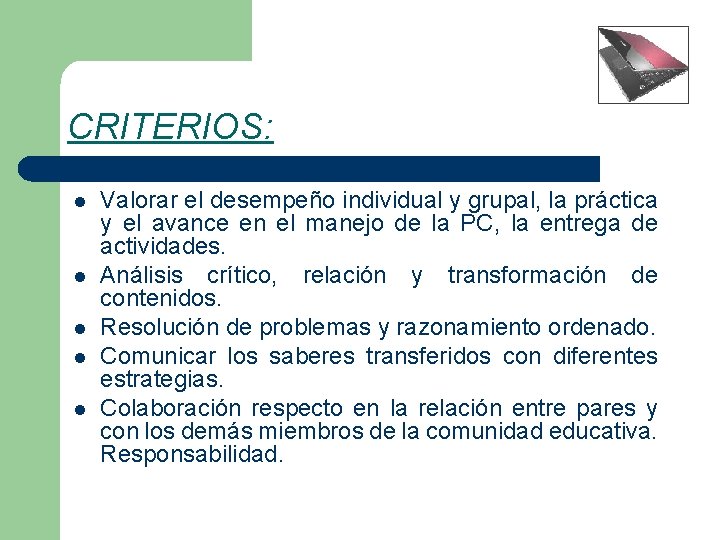 CRITERIOS: l l l Valorar el desempeño individual y grupal, la práctica y el