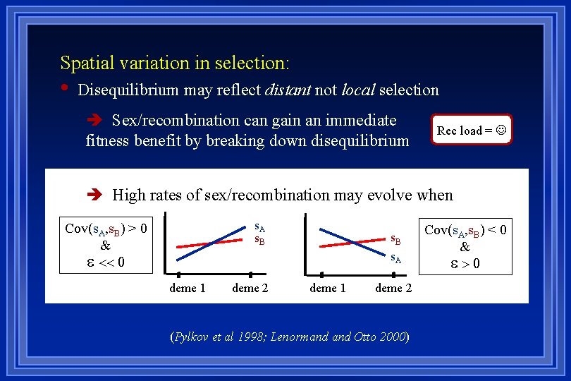 Spatial variation in selection: • Disequilibrium may reflect distant not local selection è Sex/recombination