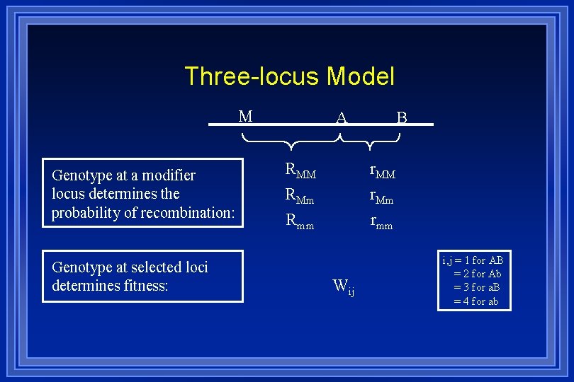 Three-locus Model M Genotype at a modifier locus determines the probability of recombination: Genotype