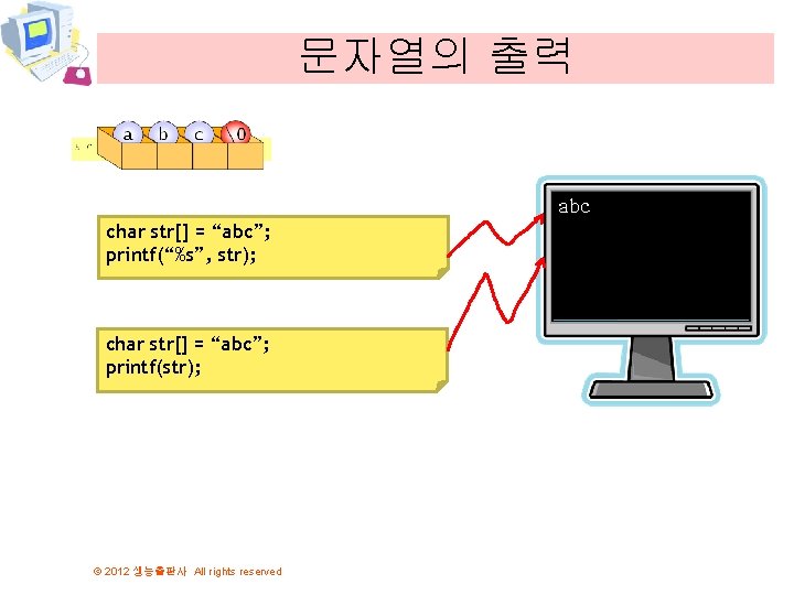 문자열의 출력 abc char str[] = “abc”; printf(“%s”, str); char str[] = “abc”; printf(str);