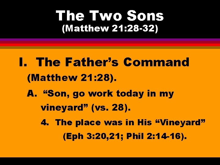 The Two Sons (Matthew 21: 28 -32) I. The Father’s Command (Matthew 21: 28).