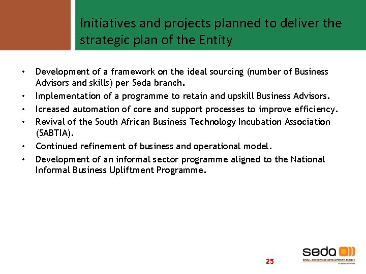 Initiatives and projects planned to deliver the strategic plan of the Entity • •