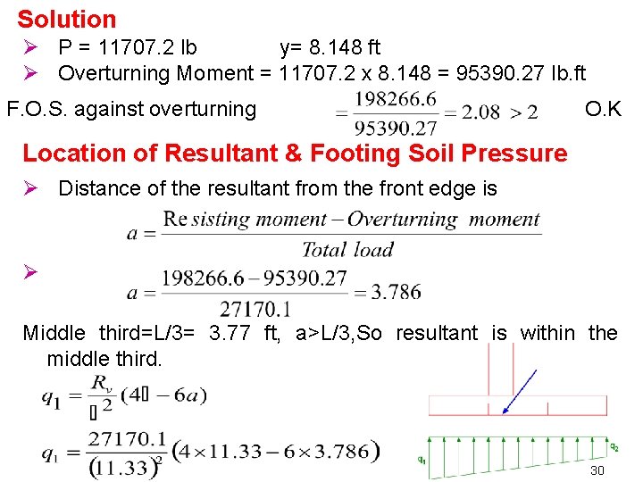 Solution Ø P = 11707. 2 lb y= 8. 148 ft Ø Overturning Moment