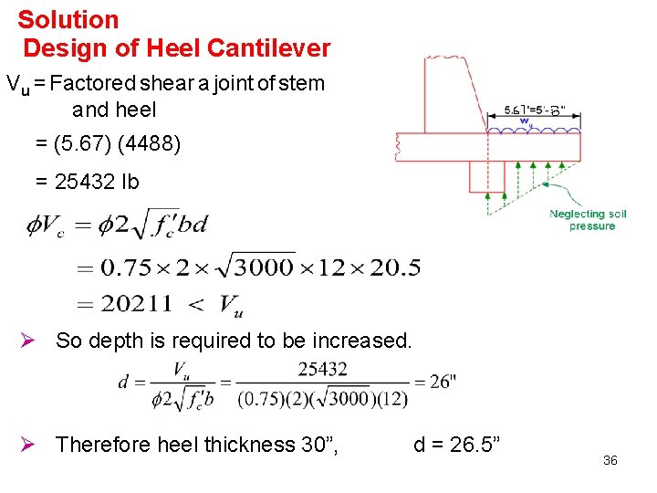 Solution Design of Heel Cantilever Vu = Factored shear a joint of stem and