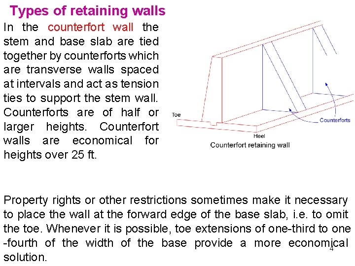 Types of retaining walls In the counterfort wall the stem and base slab are